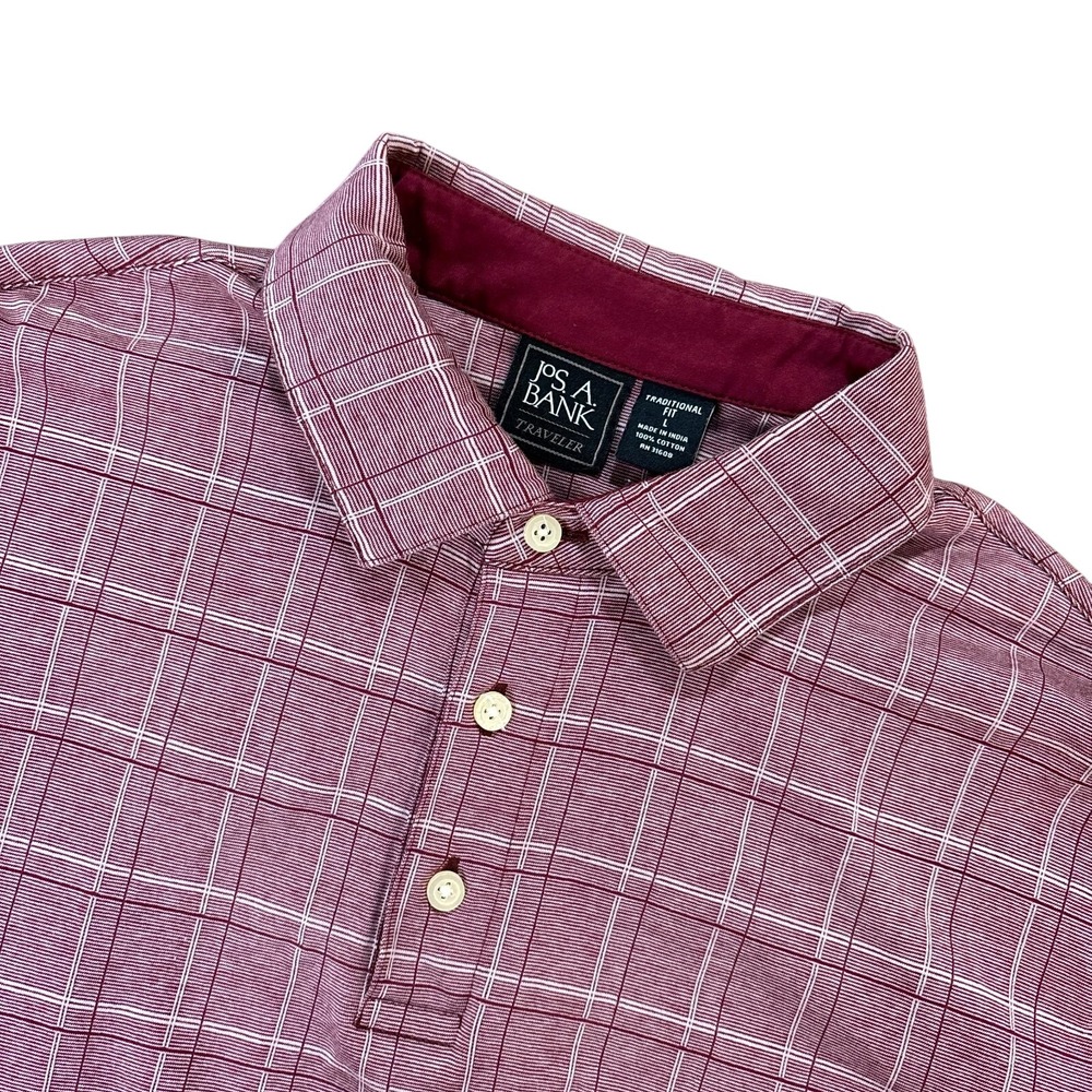 JOS A BANK‎ Polo Shirt Mens Large Burgundy Plaid Short Sleeve Cotton Casual Top